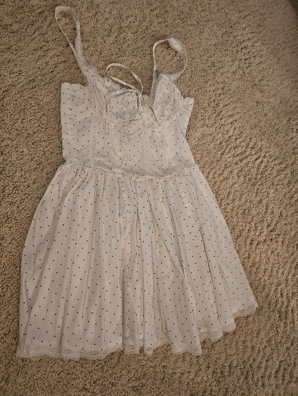Girls White Polka Dot A-Line Dress with Lace Trim